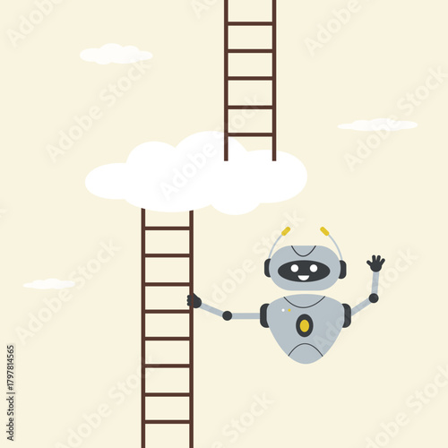 Robot holding ladder to cloud. Success ladder for business opportunity. AI bot help start in business or development of enterprise.