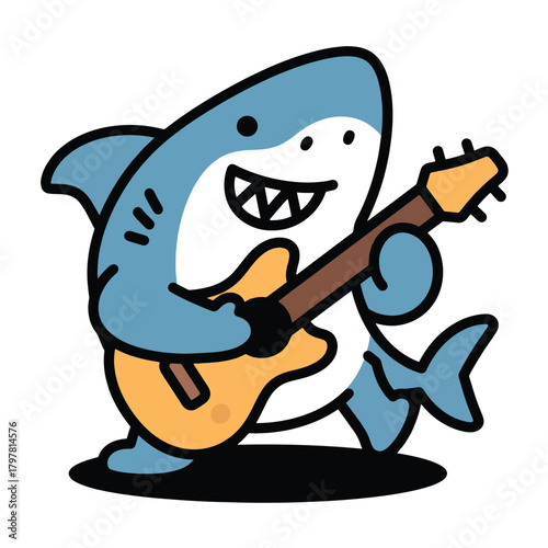 Cartoon vector of a blue shark playing orange electric guitar with a big smile. Fun and whimsical illustration perfect for music themed designs, children’s content, and entertainment artwork.