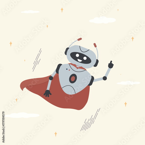 Innovative AI robot flying like super hero, machine learning, technology development. Artificial intelligence, chat bot increase skills and automation systems