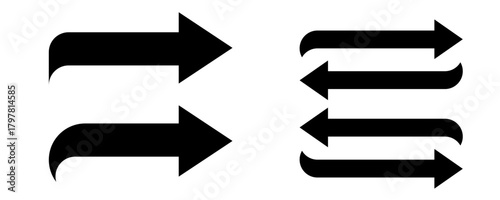 Set of two vector icons representing directional arrows. The first icon shows two arrows pointing in opposite directions, while the second icon depicts multiple arrows in a horizontal alignment