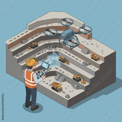 Engineer operating a drone for surveying an open pit mining quarry.