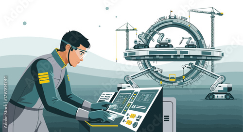 Futuristic construction supervisor managing robotic project using advanced interface screen