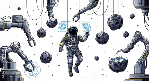 Futuristic depiction of astronaut working with robotic arms among space rocks and space environment