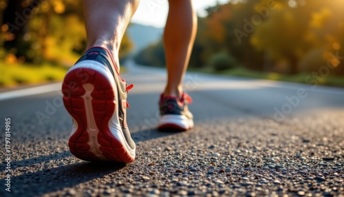 Running on open road autumn landscape action photography outdoor exercise close-up perspective