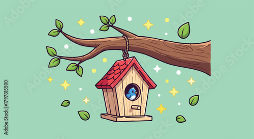 Charming cartoon illustration of a birdhouse with a cute blue bird perched inside, hanging from a tree branch with fresh green leaves and sparkling