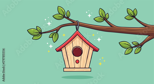 Charming cartoon birdhouse suspended from a vibrant tree branch adorned with green leaves against a serene mint background