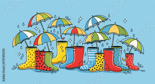 Vibrant collection of colorful rain boots and umbrellas in a cheerful rainy day illustration