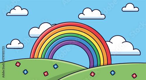 A whimsical illustration of a vibrant rainbow arching over rolling green hills dotted with small flowers under a bright blue sky with fluffy clouds