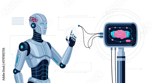 Futuristic humanoid robot interacts with a brain interface system for data transmission and