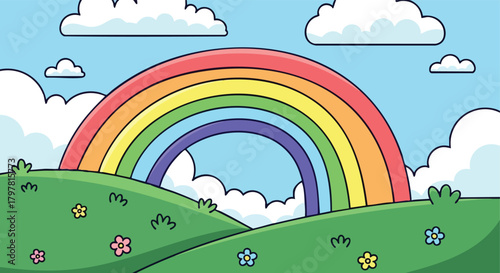 Vibrant Arching Rainbow Over Green Hills Under a Cloudy Blue Sky