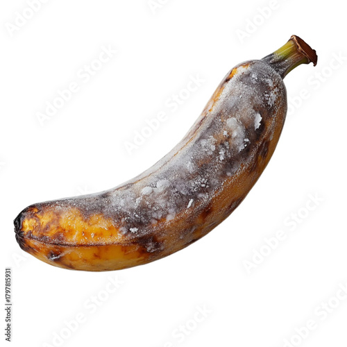 Frozen rotten banana with frost and decay on white background
