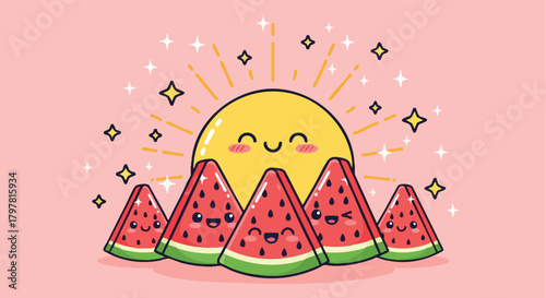 Cheerful watermelon slices basking under a happy sun surrounded by sparkling stars and sunshine rays on a soft pink backdrop a delightful summer scene