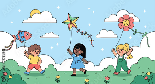 Joyful children flying colorful kites in a whimsical sky scene with fluffy clouds and green rolling hills