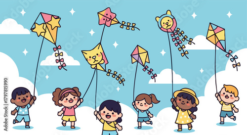 Diverse group of children gleefully flying colorful kites against a bright blue sky with fluffy clouds and sparkling stars