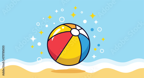 Vibrant beach ball with playful sparkling elements evokes summer fun and seaside enjoyment on a sandy shore