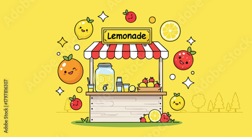 Whimsical cartoon lemonade stand bursting with cheerful fruit characters and bright yellow backdrop offering sweet refreshment to passersby