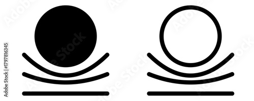 Icon of a circle placed over curved lines, with one version filled in black and the other empty. The symbol could represent pressure, a lens effect, or an optical illusion, showcasing different stages