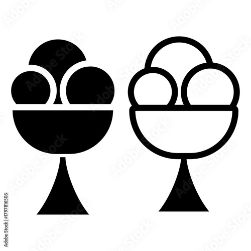 A vector illustration of an ice cream sundae in a cup with three scoops. The design depicts two versions of the sundae, one with a minimalist style and the other with a more detailed presentation.