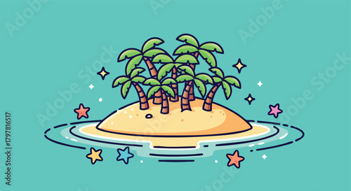 Tropical island paradise illustration with palm trees and starfish on a turquoise background