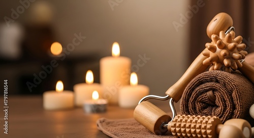 Relaxing spa day essentials with glowing candles and massage tools for a serene wellness retreat, promoting stress relief and self care at home
