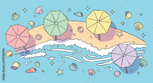 Whimsical pastel beach scene with umbrellas seashells and sparkling ocean waters