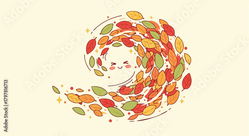Whimsical Autumn Swirl Of Leaves And A Cute Face A Delightful Seasonal Design