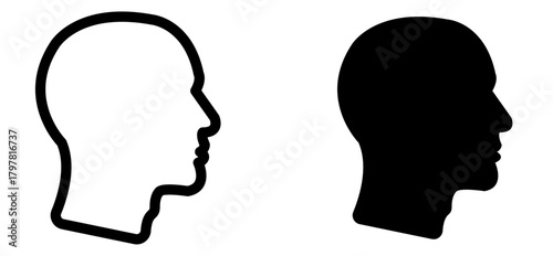 Vector illustration of a human head profile silhouette, one in black and one in white, depicting a simple representation of a person's head in side view.