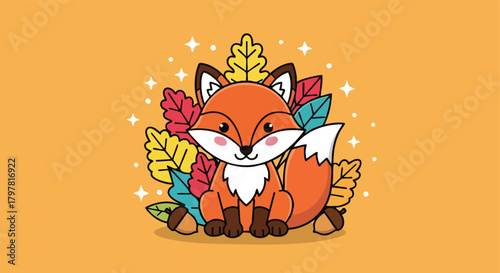 adorable cartoon fox surrounded by autumnal foliage and acorns with twinkling stars on a warm orange background