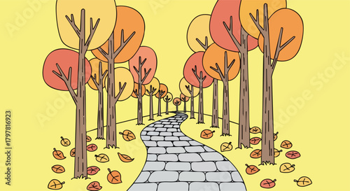 Whimsical autumn path lined with colorful trees and fallen leaves under a bright yellow sky a charming outdoor scene