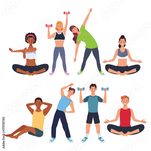  people practicing exercise athletes characters