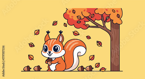 whimsical cartoon squirrel gathering acorns under a vibrant autumn tree with falling leaves