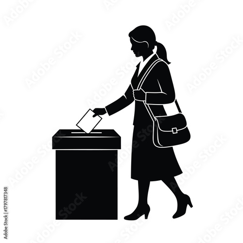 Female voter silhouette casting ballot into box, symbolizing democracy and civic duty Vector