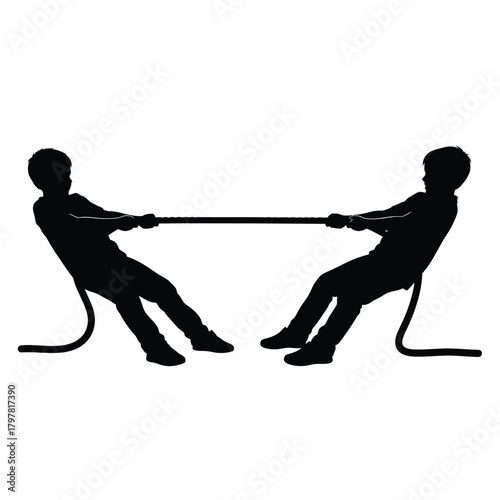 Silhouette illustration of two young individuals engaged in a challenging tug of war game Vector