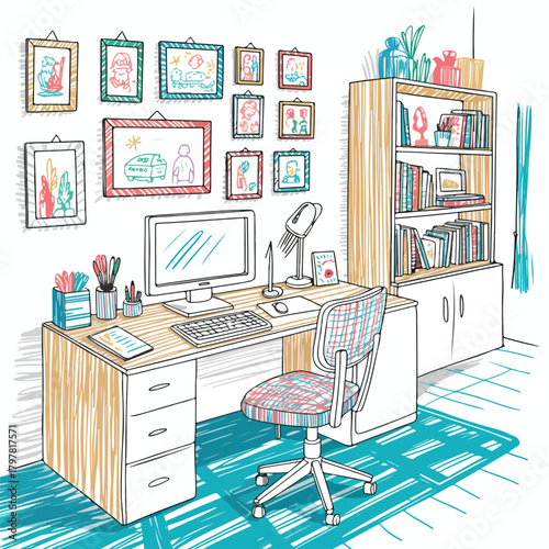 Illustrated 3D interior design of a home office room with modern furniture including a desk, chair, bookshelf, and decor