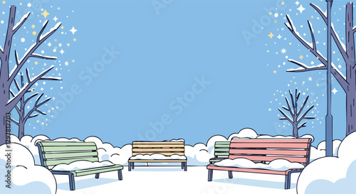 Serene winter park with snow-covered benches and trees under a clear blue sky