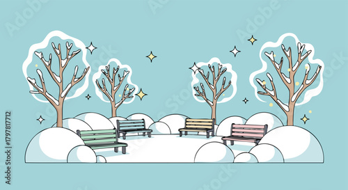 A serene winter park scene with snow-covered trees and benches under a light blue sky adorned with stars
