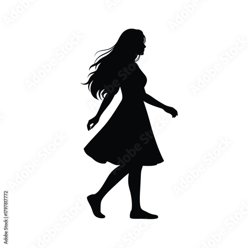 Woman silhouette walking gracefully with flowing hair in a dress, side profile, vector graphic Vector