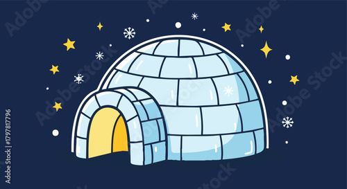 Cozy Arctic Dwelling Under a Starry Night Sky with Snowflakes Falling Gently