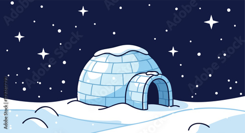 Whimsical igloo nestled in a snowy landscape under a starry night sky with gentle falling snow