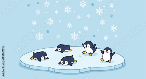 Adorable cartoon penguins frolicking joyfully on an ice floe amidst falling snowflakes a whimsical winter scene