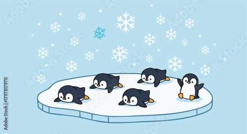 Charming cartoon penguins enjoying a snowy winter day on a floating ice floe with gentle snowflakes falling around them a delightful arctic scene