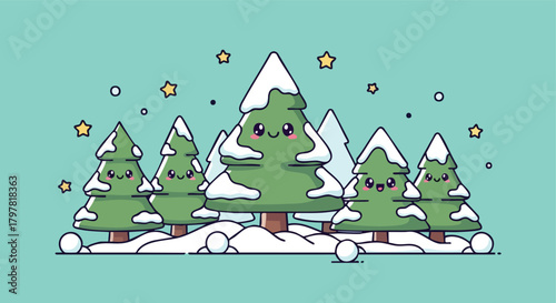 Charming cartoon snowy forest scene with adorable anthropomorphic fir trees and festive stars against a teal backdrop