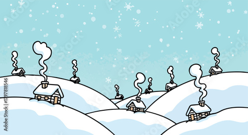 Whimsical snowy village scene with cozy cottages emitting cheerful smoke plumes under a gentle snowfall