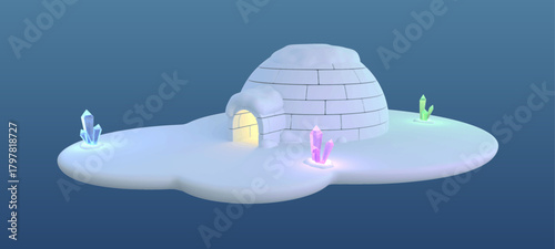 Magical 3D vector illustration of an igloo surrounded by glowing blue, pink and green ice crystals on a smooth snow island. Warm, bright light shines from within. Arctic atmosphere with subtle light.