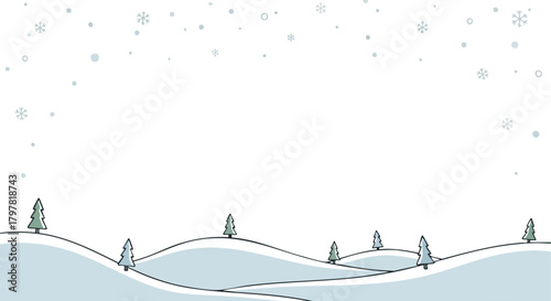 Whimsical winter landscape with gentle snowfall and stylized evergreen trees adorning rolling snow-covered hills a serene seasonal backdrop