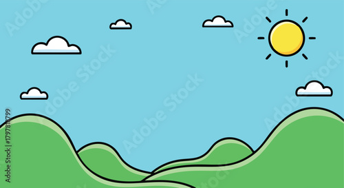 A cheerful minimalist cartoon depiction of rolling green hills under a bright sunny sky with fluffy white clouds