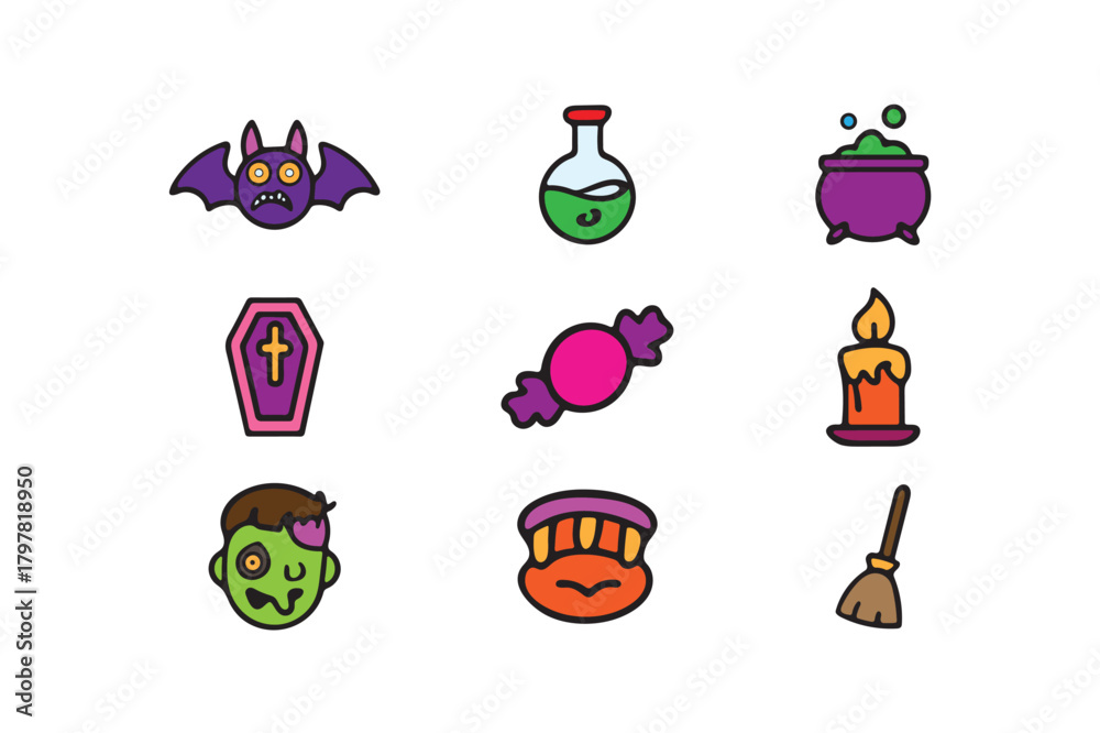 Fototapeta premium Colourful different itme vector line art Halloween Icon set.