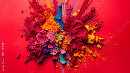 A vibrant red backdrop explodes with color, revealing a rainbow of eyeshadow hues, ready to be transformed into a captivating masterpiece.