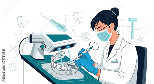 Advanced dental healthcare: Woman using modern technology for innovative teeth treatment research