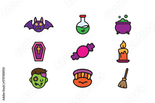 Colourful different itme vector line art Halloween Icon set.